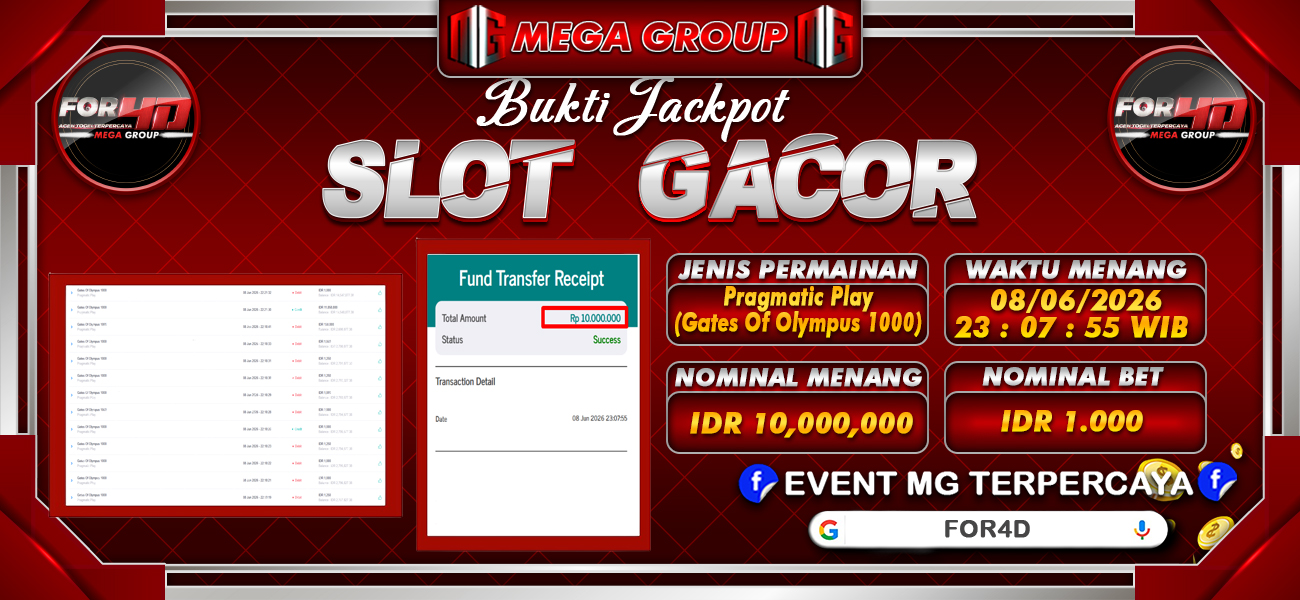 Bukti JP situs For4D hari Senin, 08 Juni 2026